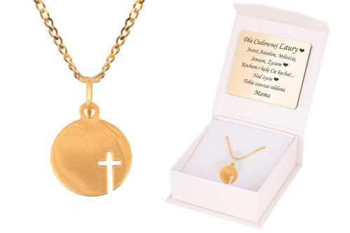 ZŁOTY komplet MEDALIK KRZYŻA z łańcuszkiem pr. 585 DEDYKACJA - Pamiątka Prezent