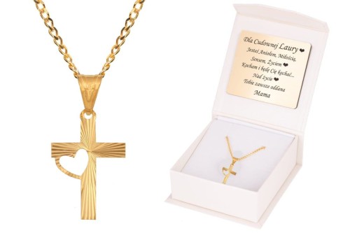 ZŁOTY komplet MEDALIK KRZYŻ & SERCE z łańcuszkiem pr. 585 DEDYKACJA - Pamiątka Prezent