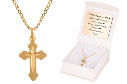 ZŁOTY komplet KRZYŻYK TRÓLISTNY z łańcuszkiem pr. 585 DEDYKACJA - Pamiątka Prezent