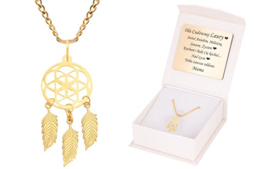 ZŁOTY komplet ŁAPACZ SNÓW z łańcuszkiem pr. 585 DEDYKACJA - Pamiątka Prezent