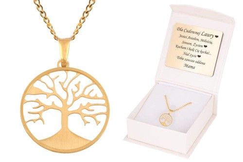 ZŁOTY komplet DRZEWO SZCZĘŚCIA z łańcuszkiem pr. 585 DEDYKACJA - Pamiątka Prezent