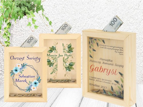 Skarbonka drewniana z nadrukiem na szkle UROCZYSTOŚĆ - Pamiątka & Upominek