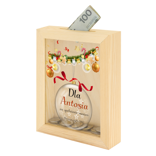 Skarbonka drewniana z nadrukiem na szkle UROCZYSTOŚĆ - Pamiątka & Upominek