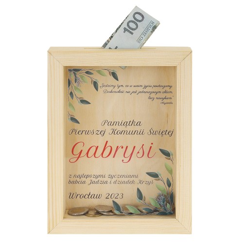 Skarbonka drewniana z nadrukiem na szkle UROCZYSTOŚĆ - Pamiątka & Upominek