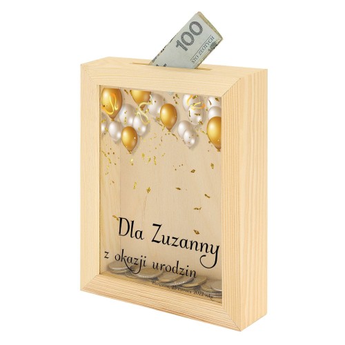 Skarbonka drewniana z nadrukiem na szkle UROCZYSTOŚĆ - Pamiątka & Upominek