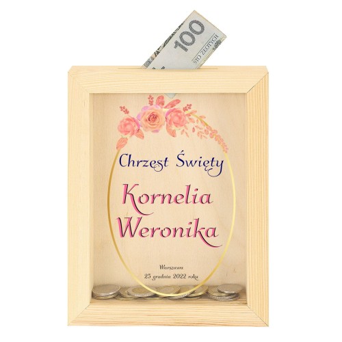 Skarbonka drewniana z nadrukiem na szkle UROCZYSTOŚĆ - Pamiątka & Upominek