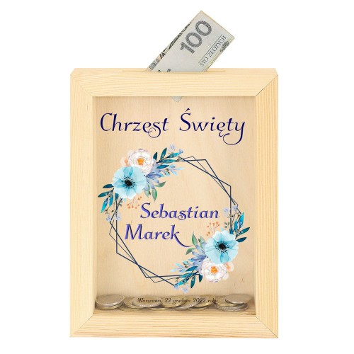 Skarbonka drewniana z nadrukiem na szkle UROCZYSTOŚĆ - Pamiątka & Upominek