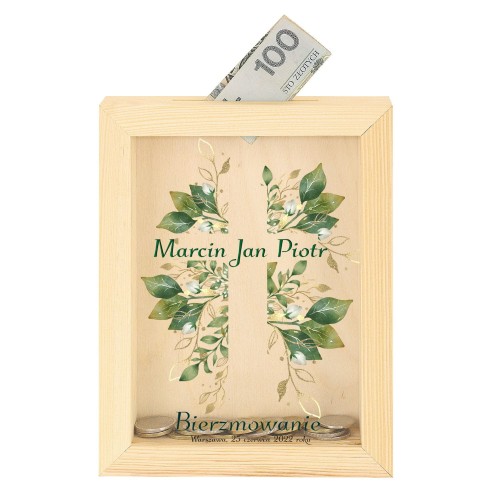 Skarbonka drewniana z nadrukiem na szkle UROCZYSTOŚĆ - Pamiątka & Upominek