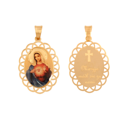 Złoty zestaw pr. 585 Matka Boska SERCE MARYI medalik z koroną