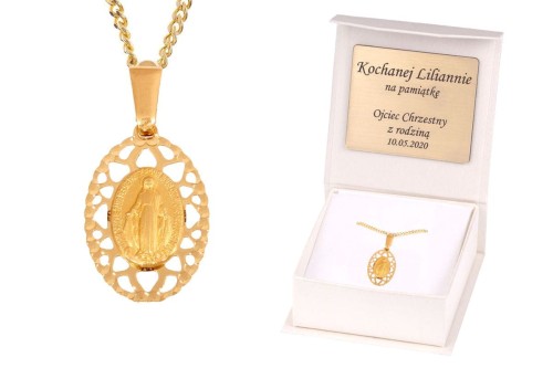 Złoty medalik i łańcuszek pr. 585 CUDOWNY MEDALIK M.B. Niepokalana ażurowa korona