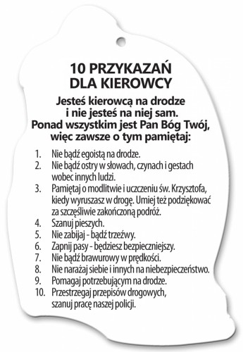 Święty Krzysztof - Zawieszka samochodowa 10 PRZYKAZAŃ DLA KIEROWCY