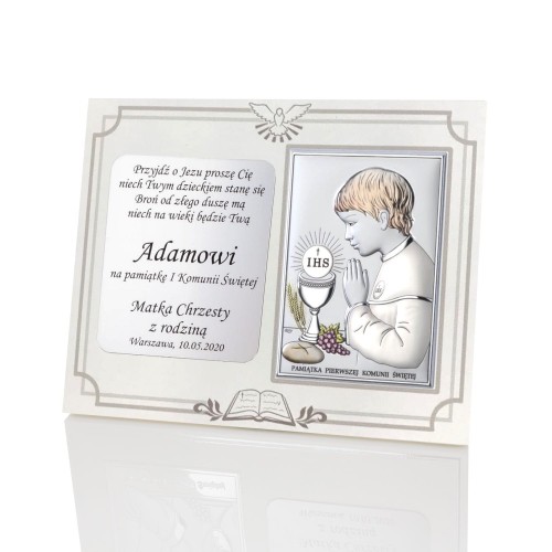 Srebrny obrazek komunijny z możliwością personalizowanej dedykacji.