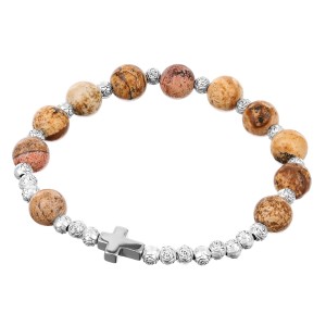 Bransoletka dziesiątek różańca z jaspisu obrazkowego – krzyż hematytowy