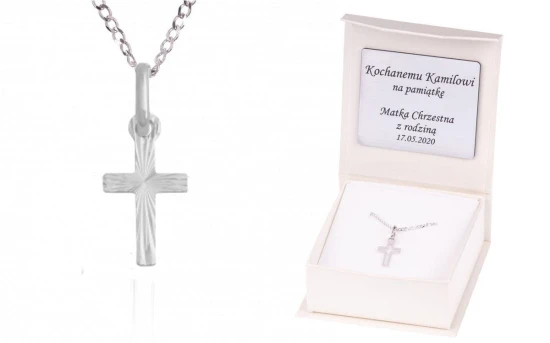 BIAŁE ZŁOTO krzyżyk łańcuszek pr. 585 DEDYKACJA