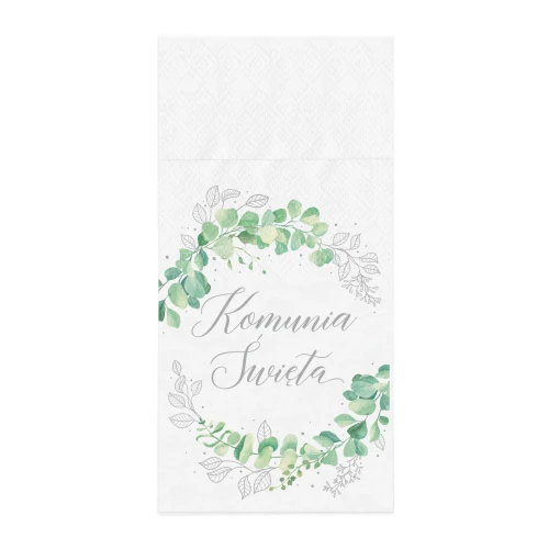 Kieszonki na sztućce Komunia Święta Eukaliptus serwetki srebrny 16szt