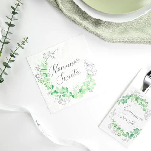 Kieszonki na sztućce Komunia Święta Eukaliptus serwetki srebrny 16szt