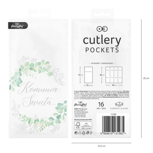 Kieszonki na sztućce Komunia Święta Eukaliptus serwetki srebrny 16szt