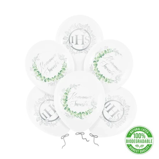 Balony komunijne biodegradowalne Eukaliptus srebrny 12cali 6szt ZESTAW
