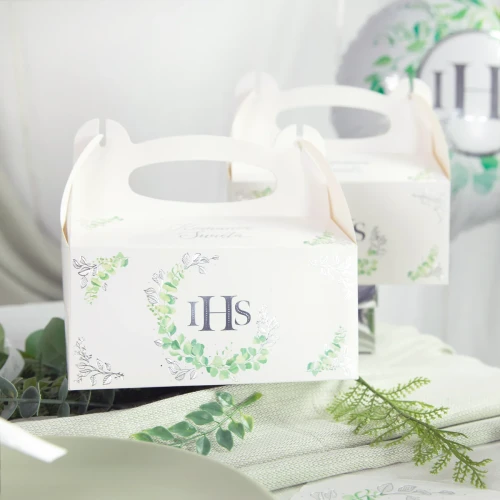 Pudełka na ciasto IHS Eukaliptus srebrny - 10 szt komplet KOMUNIA podziękowania