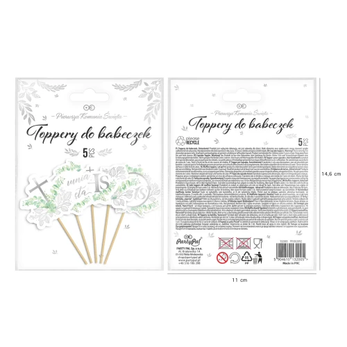 Toppery na tort komunijny Eukaliptus srebrny 5szt ZESTAW