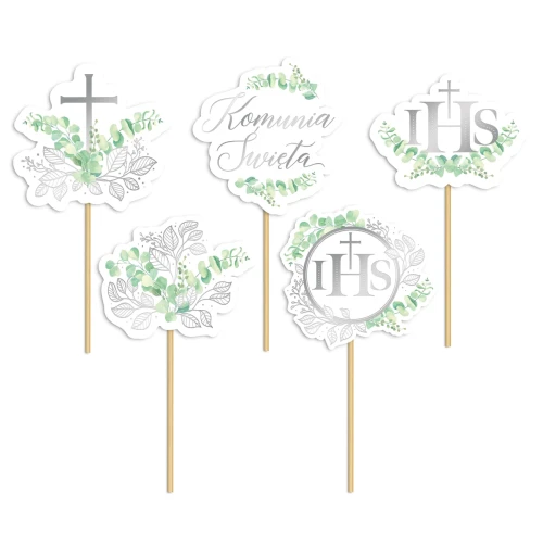 Toppery na tort komunijny Eukaliptus srebrny 5szt ZESTAW