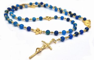 Różaniec komunijny IHS z kamieni naturalnych - AGAT NIEBIESKI