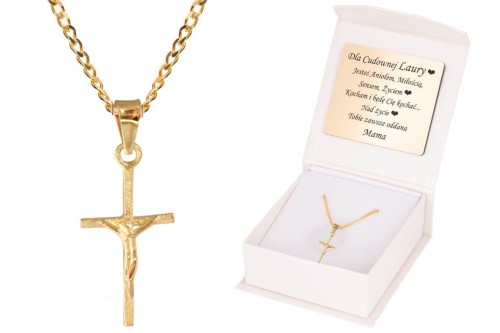 ZŁOTY komplet KRZYŻ PAPIESKI z łańcuszkiem pr. 585 DEDYKACJA - Pamiątka Prezent