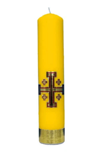Świeca ołtarzowa z motywem Krzyża Jerozolimskiego Ø6×30 cm – żółta