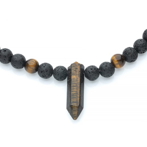 Męski naszyjnik z tygrysiego oka i lawy wulkanicznej, srebro