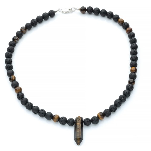 Męski naszyjnik z tygrysiego oka i lawy wulkanicznej, srebro
