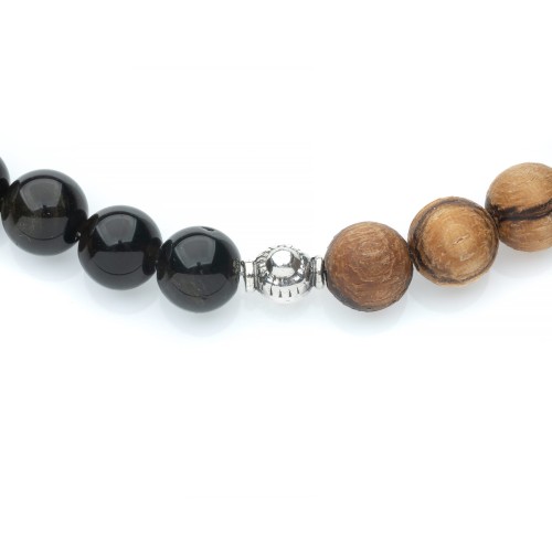 Męski naszyjnik z drewna egzotycznego, kamieni naturalych i srebra oksydowanego