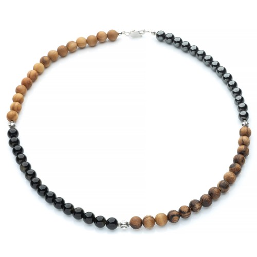 Męski naszyjnik z drewna egzotycznego, kamieni naturalych i srebra oksydowanego