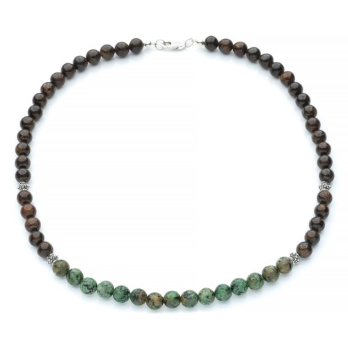 Męski naszyjnik z bronzytu i turkusu afrykańskiego, srebro oksydowane