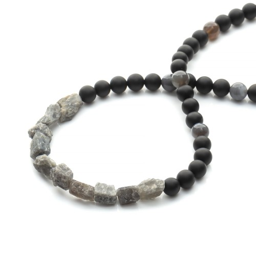 Męski naszyjnik z onyksu, agatu i surowego labradorytu, srebro oksydowane