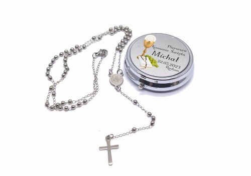 Różaniec w pudełku z imieniem IHS Komunia