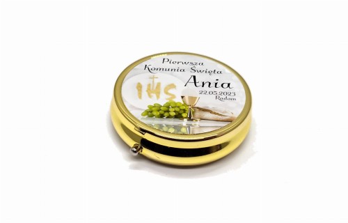 Różaniec w pudełku z imieniem IHS Komunia