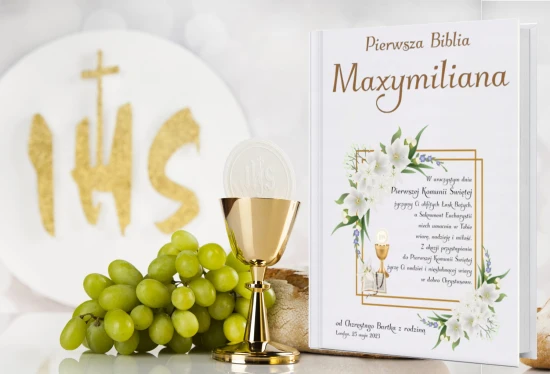 BIBLIA IHS KOMUNIA WŁASNY NADRUK IMIĘ DEDYKACJA ŻYCZENIA