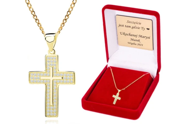 Srebrny (pr.925) pozłacany KRZYŻYK z cyrkoniami łańcuszek DEDYKACJA - Pamiątka Prezent