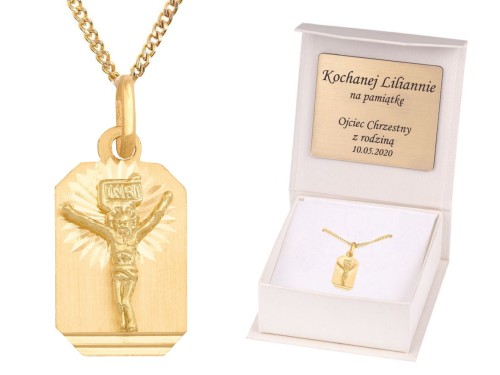 Złoty komplet Jezus Chrystus krzyż + łańcuszek pr. 585 DEDYKACJA - Pamiątka Prezent