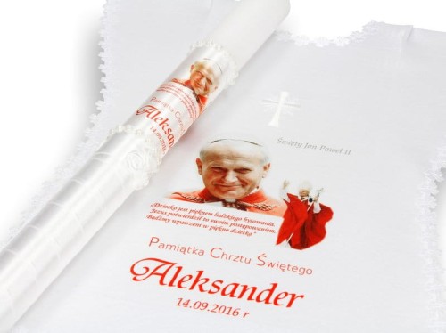 Świeca i szatka na Chrzest zestaw do chrztu JUBILEUSZOWY - rok 2020 rokiem św. Jana Pawła II