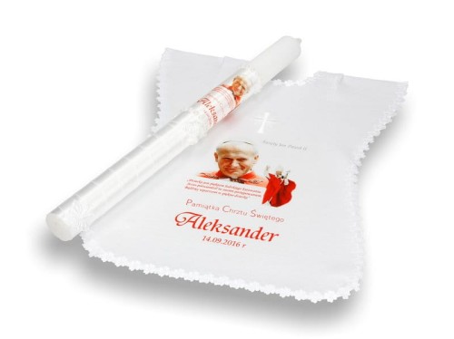 Świeca i szatka na Chrzest zestaw do chrztu JUBILEUSZOWY - rok 2020 rokiem św. Jana Pawła II