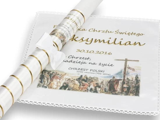 Świeca i szatka na Chrzest zestaw do chrztu JUBILEUSZOWY - rocznica CHRZTU POLSKI