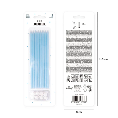 Świeczki dekoracyjne na tort, NIEBIESKIE długie 8 szt