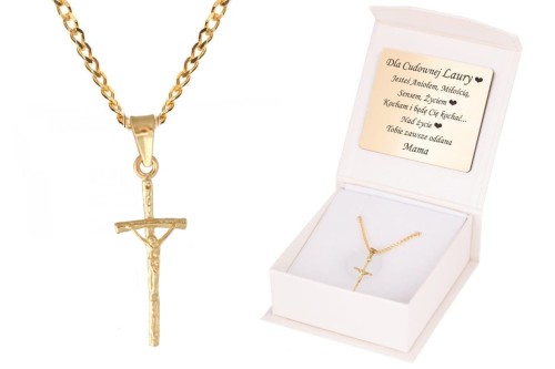 ZŁOTY komplet KRZYŻ PAPIESKI z łańcuszkiem pr. 585 DEDYKACJA - Pamiątka Prezent