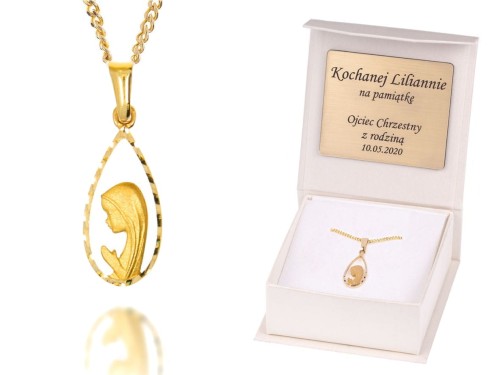 Złoty medalik Matka Boska Fatimska w łezce łańcuszek pr. 585 DEDYKACJA - Pamiątka Prezent