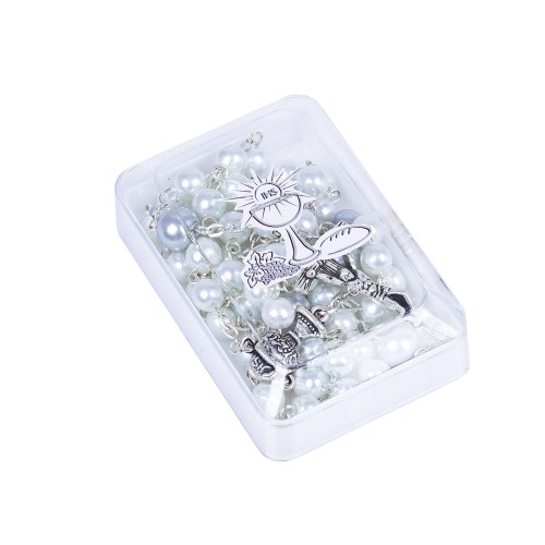 Różaniec - Pierwsza Komunia Święta - 6 mm - szkło - perłowa powłoka - pudełko