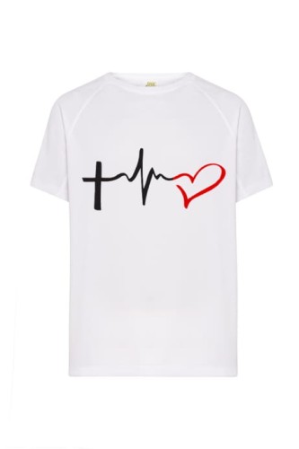 Koszulka z nadrukiem religijnym – „Wykres życia” (krzyż – puls – serce)