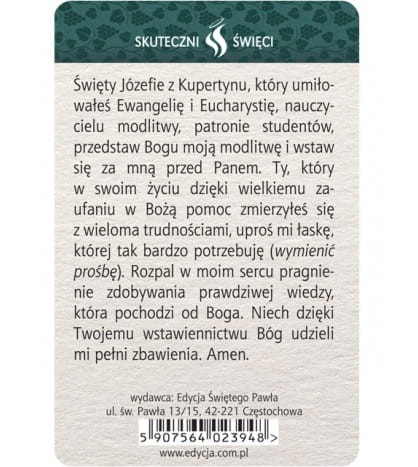 Karta Skuteczni Święci - Święty Józef z Kupertynu