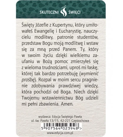 Karta Skuteczni Święci - Święty Józef z Kupertynu