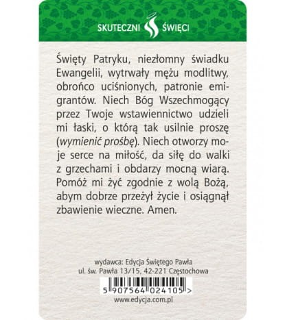 Karta Skuteczni Święci - Święty Patryk